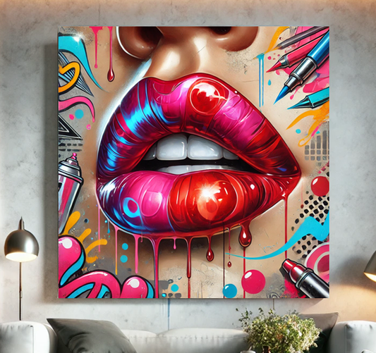 Tableau mural décoratif Pop Art "Lipstick Vibes" (format carré)