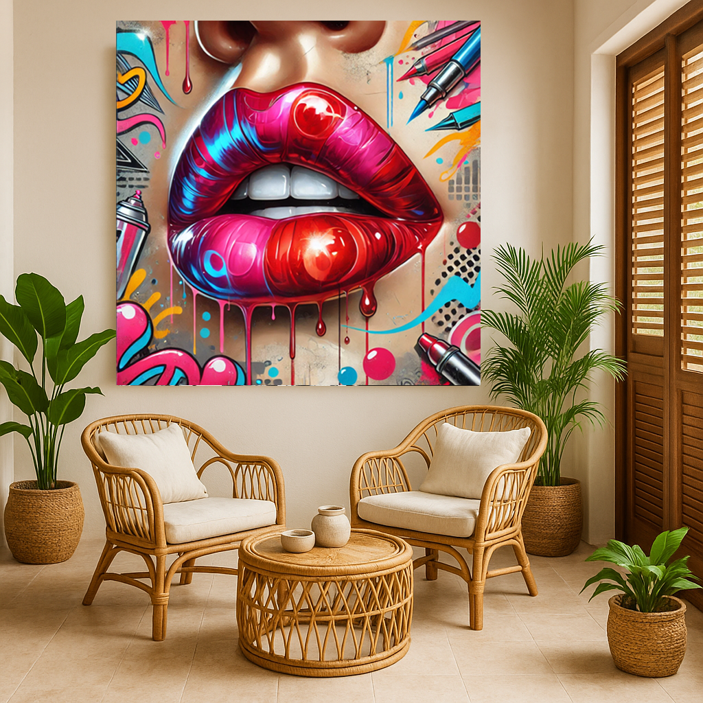 Tableau mural décoratif Pop Art "Lipstick Vibes" (format carré)
