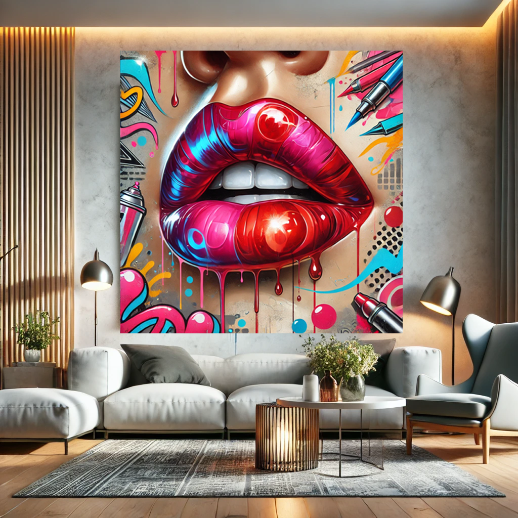 Tableau mural décoratif Pop Art "Lipstick Vibes" (format carré)