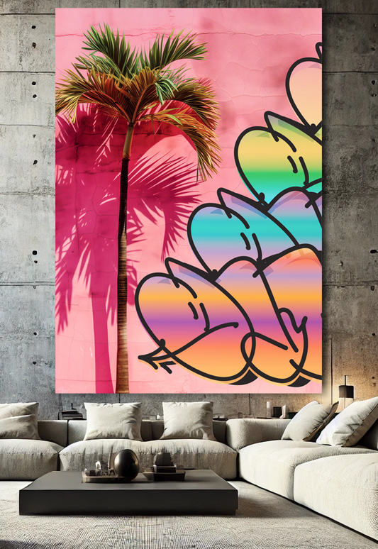 Tableau Pop Art "Palm Vibes & Graffiti Love" (format rectangulaire)