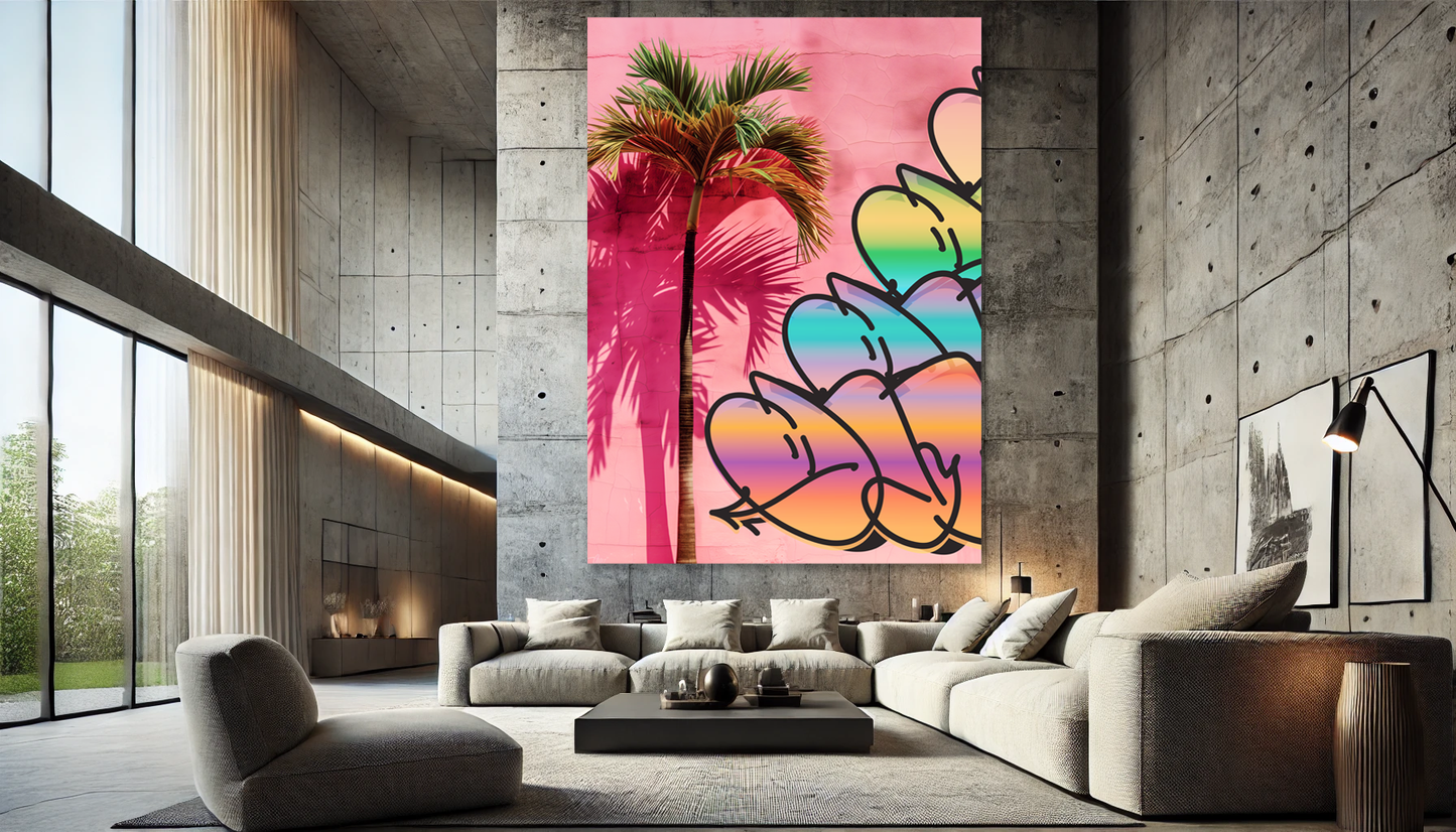 Tableau Pop Art "Palm Vibes & Graffiti Love" (format rectangulaire)