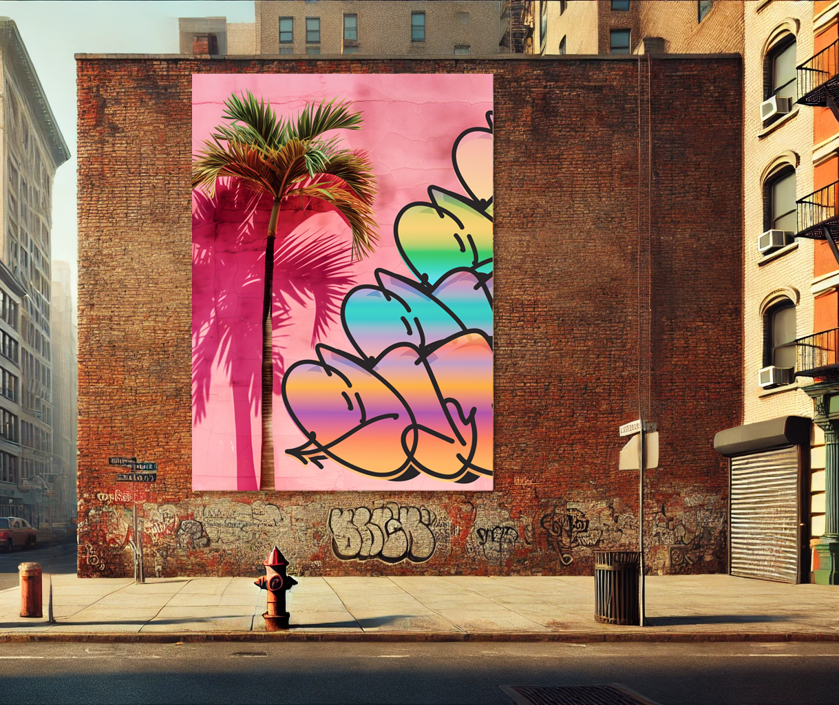 Tableau Pop Art "Palm Vibes & Graffiti Love" (format rectangulaire)