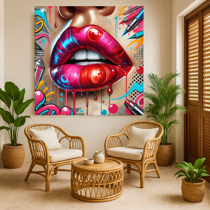 Tableau mural décoratif Pop Art "Lipstick Vibes" (format carré)
